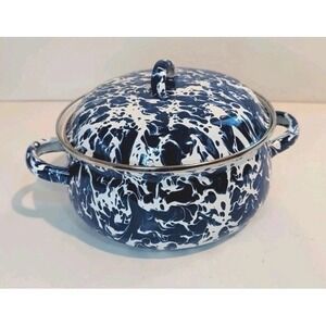 Golden Rabbit  "Cobalt Blue Swirl" Enamelware Spatterware Dutch Oven Pot 2.5qt
